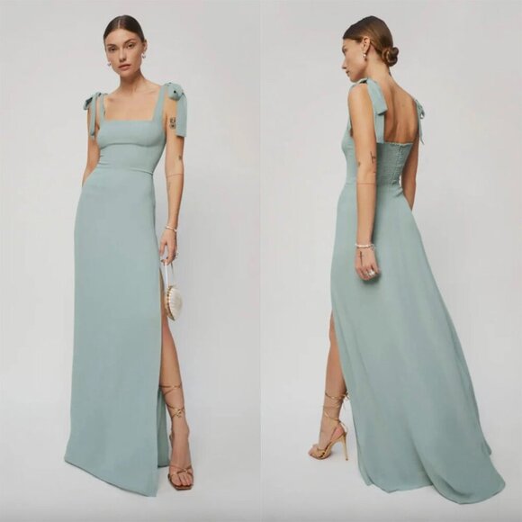 Reformation Sage Green Pastel Westerly Tie Strap Square Neck Slit Maxi Dress - Picture 6 of 6